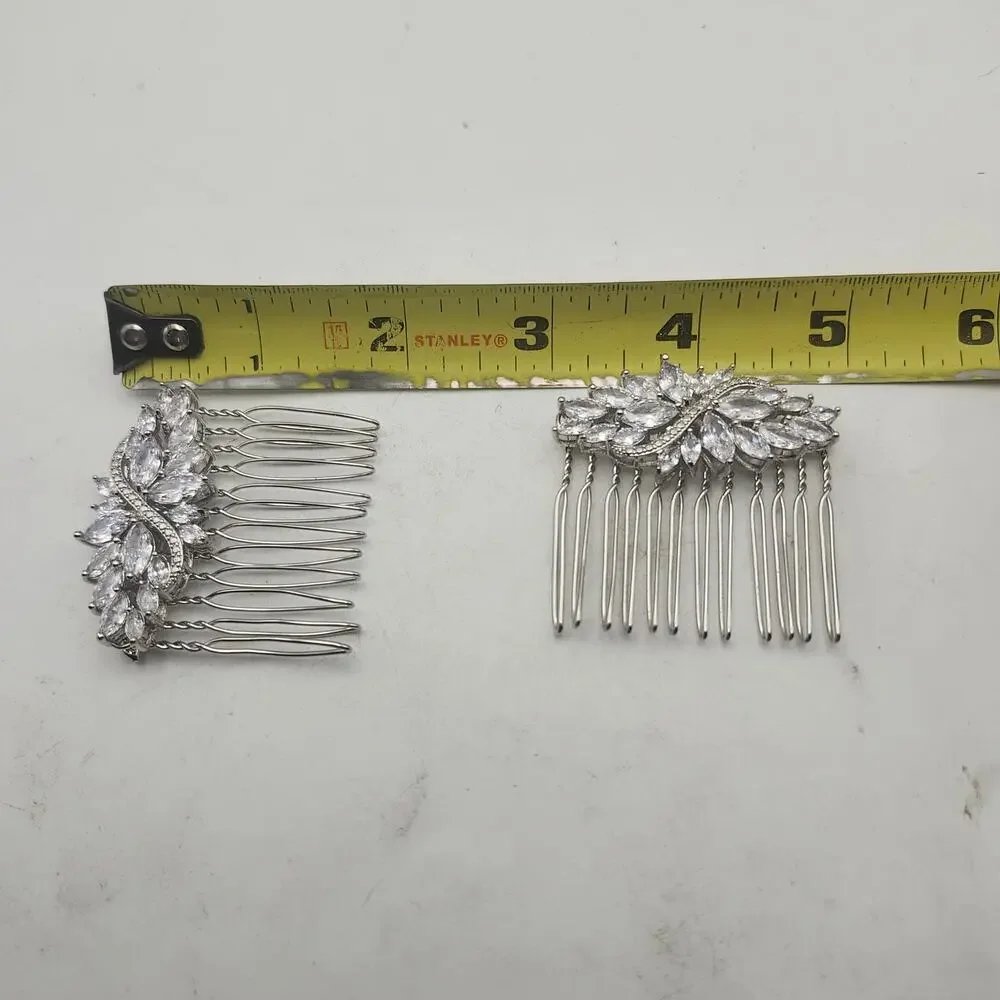 Silver Tone Rhinestone Bridal Hair Comb Pair Floral Leaf Wedding Prom Accessory